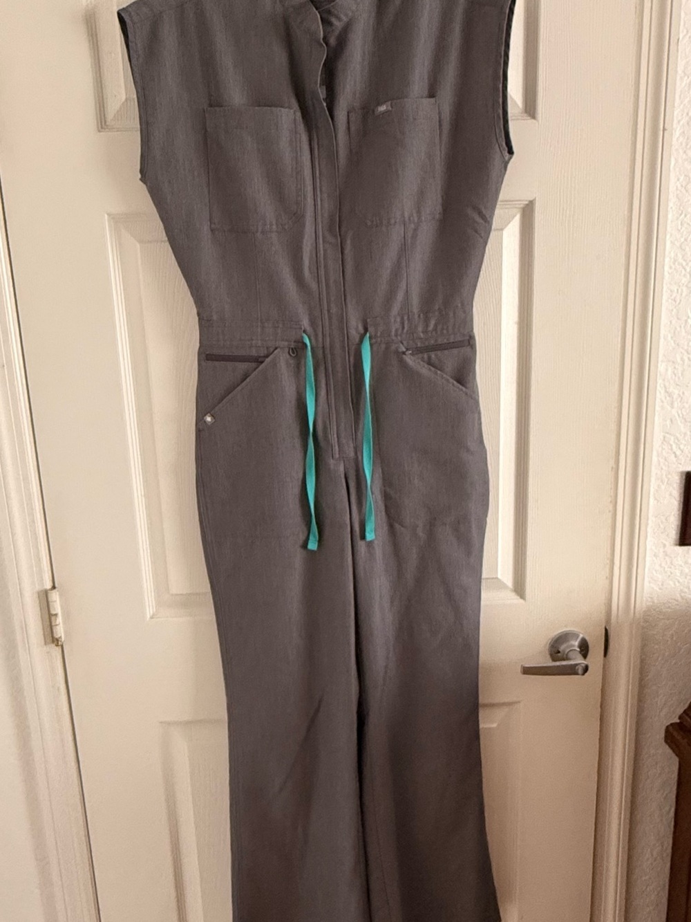 Women's Gray Utility Jumpsuit with Teal Drawstring